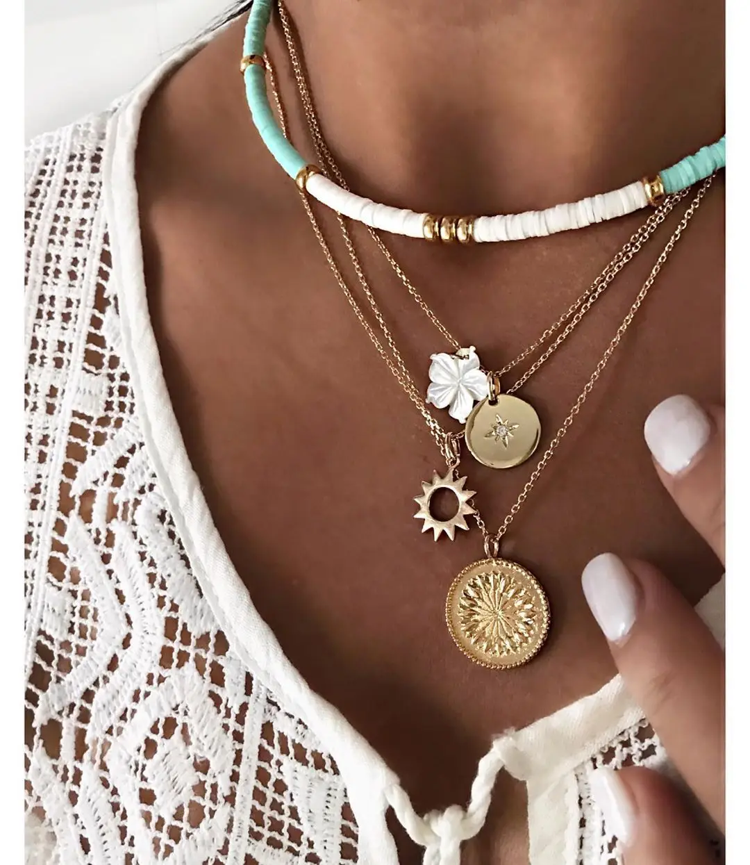 

Bohemian Flower Sun Pendant Necklace For Women Multi-layered Polymer Clay Choker Necklace 2021 Fashion Jewelry(KNK5309), Silver, gold