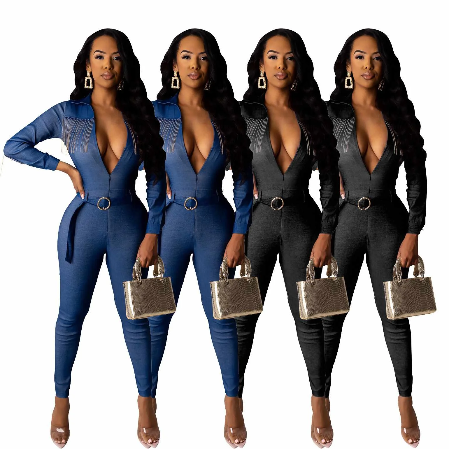 

Wholesale deep V-neck solid jean jumpsuits women denim Jumpsuit with belt
