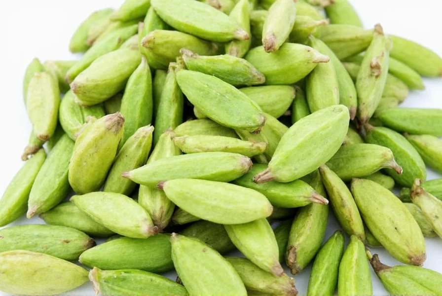 Green cardamom pods being crushed in a mortar with pestle showing the release of aromatic seeds