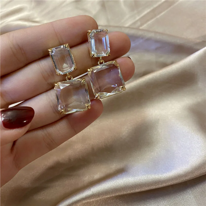 

2021 Hotsale Design S925 Sterling Silver Needle Double Square Crystal Earring Geometric Clear Resin Drop Earring For Women