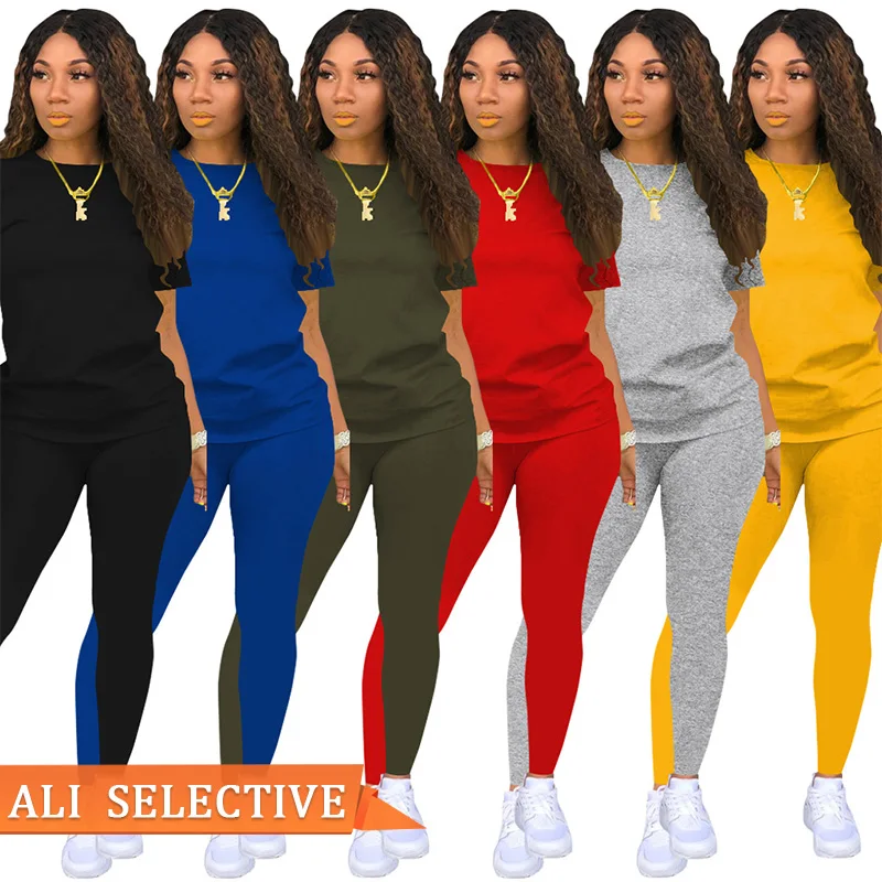 

SET2127 New Arrivals Top Sellers Solid Color Short Sleeve Long Pants 2 Piece Set Women Two Piece Short Set Two Piece Pants Set, As show