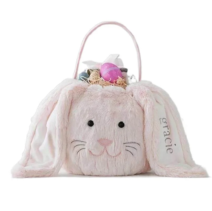 

2021 New Design Long Eared Easter Bunny Bag Stuffed Easter Gift Bag Egg Basket Round Bottom Bucket DOM112-1785
