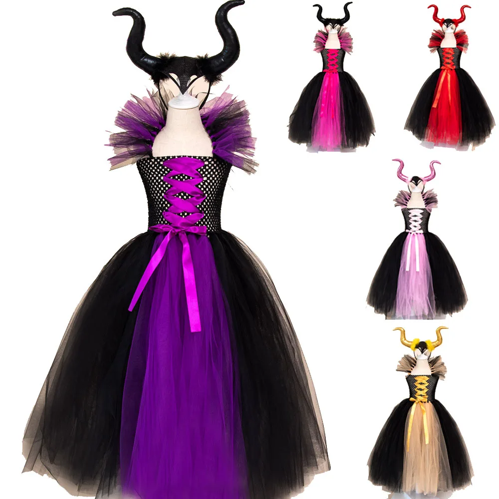 

ecowalson Maleficent Halloween Costume Dress Deluxe Girls Fancy Christening Black Glam Gown Tutu Dress Kids Demon Queen Witch, As shown