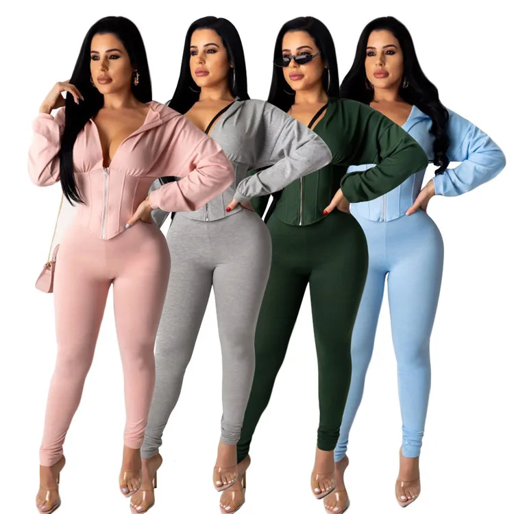 

Fashion women two piece set High Waist Seamless Zipper hooded cardigan pants fashion sport bodysuit set