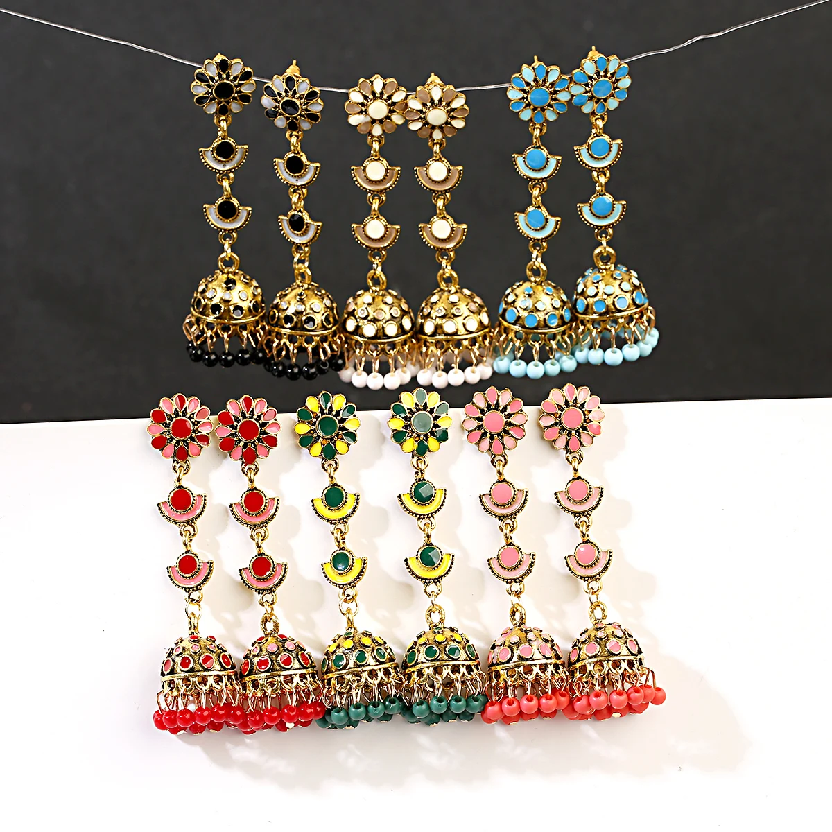 

Jhumka Jhumki Multicolor Beads Tassel Indian Earrings For Women Flower Carved Long Dangle Afghan Egypt Turkish gypsy Jewelry, Gold/silver