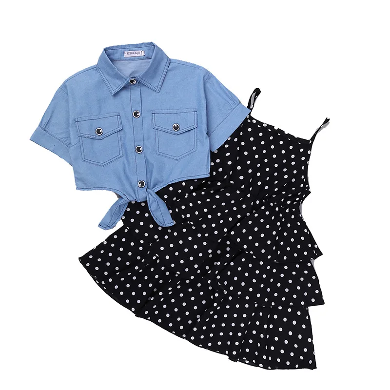 

Best selling children Wear 2020 New Autumn girls denim jacket dot halter skirt suit kids boutique clothing for wholesale, As pic shows, we can according to your request also