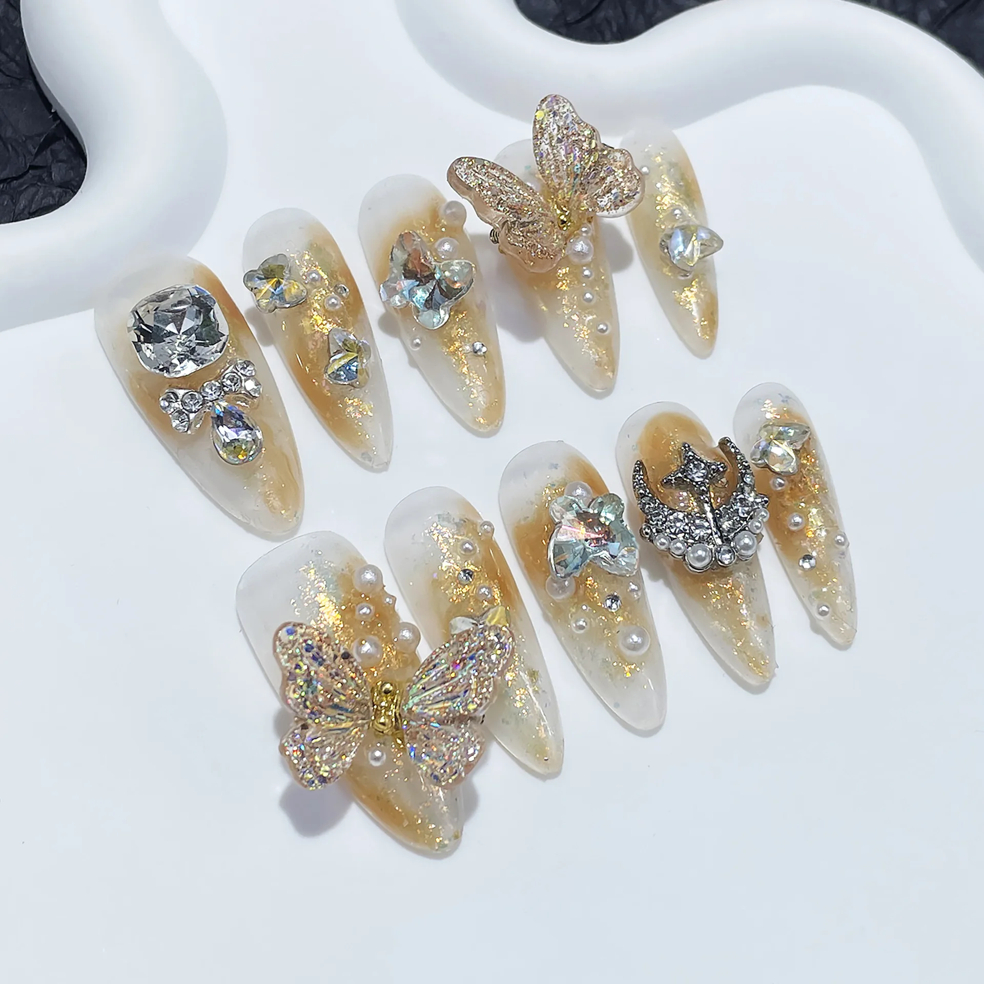 

Luxurious Champaign Gold Butterfly Press On Nails Shiny Rhinestone French Tip Manicure Handmade Professional Nail Art