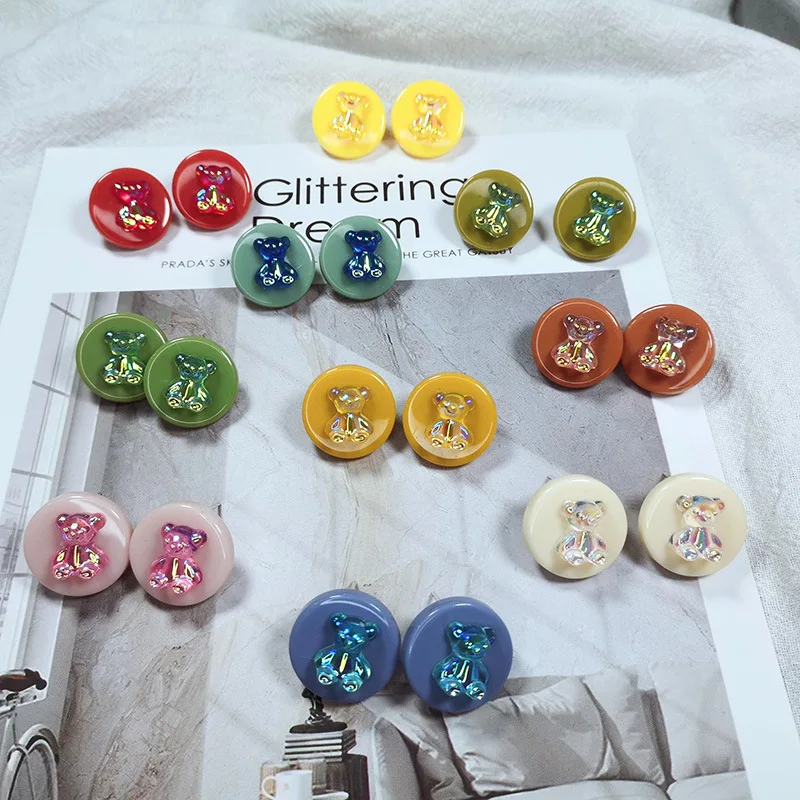 

OUYE S925 silver needle resin bear earrings discs laser colorful earrings fashion cute small girl heart earrings, Golden/silver