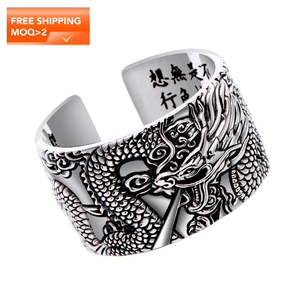 

Real 925 Silver Mens Biker Rings With Flying Dragon Vintage Punk Hiphop Style Heart Sutra Engraved Buddhism Animal Jewelry
