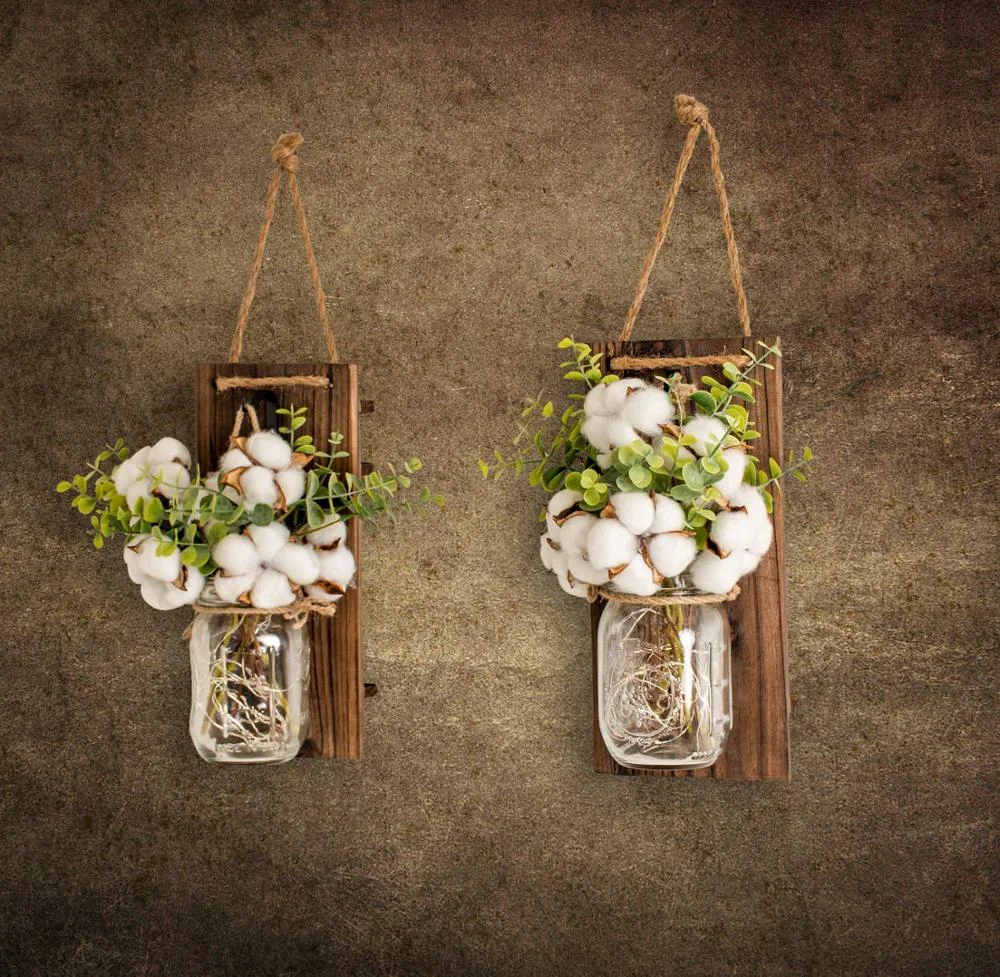 
Home Decoration Hot selling Battery Operated Rustic Hanging Jar Cotton Mason Jar Wall Sconce 