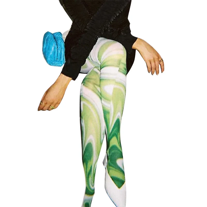 

2021 Spring Asthetic Printed Female Foot Pants Mid Waist Body-shaping Skinny Women Workout Leggings