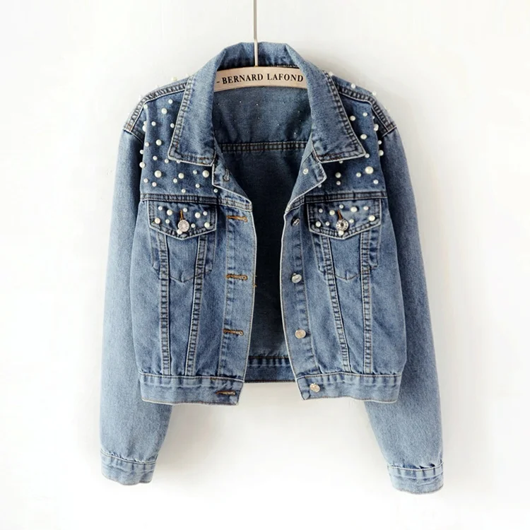 

Spring Autumn Fashion Long Sleeve Women Pearl Jean Jacket Denim Jacket for Women 2021