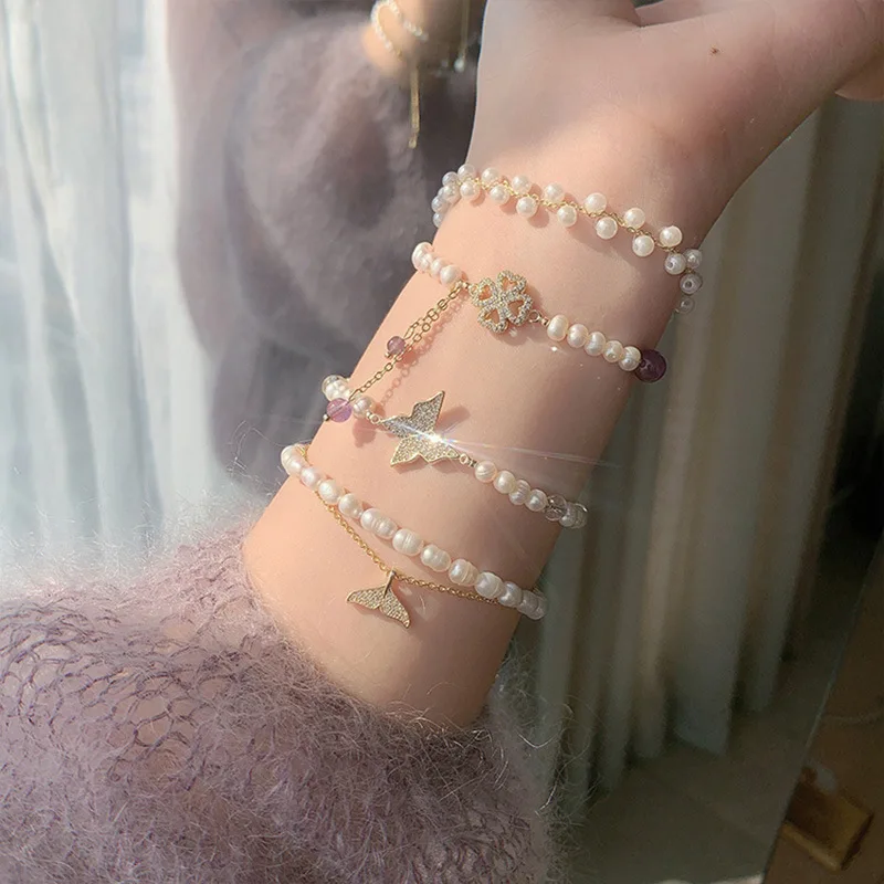 

Luxury Beads Bracelet Pearl Bead Double Layer Fishtail Bee Shell Flower Clover Butterfly Freshwater/Imitation Pearls Bracelets