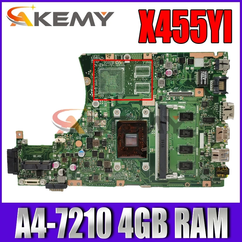 

X455YI motherboard with A4-7210 CPU 4GB RAM For Asus X455YI X455Y X455DG X455D laptop motherboard X455YI mainboard test 100% ok