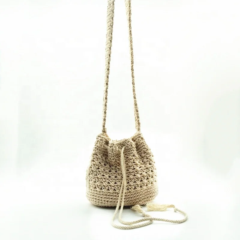 

Hot selling bucket summer beach handbag women hand woven cotton single shoulder bag