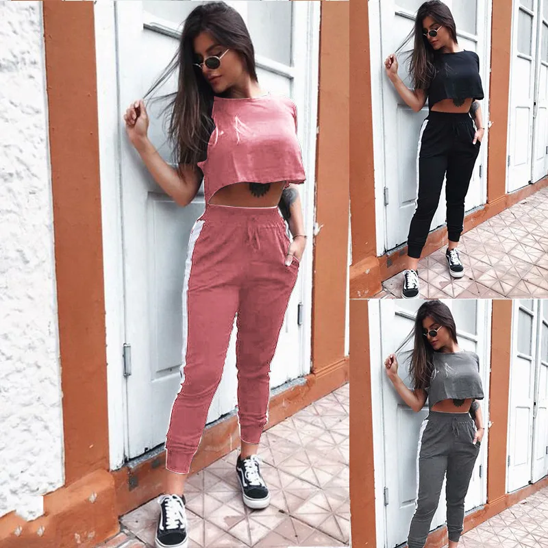 

Ladymate ODM/OEM Calca feminina listrada e casual 2 peca Outfits Round Neck Long Sleeve Crop Top Pullovers Drawstring Pants Set, Pink, gray, black