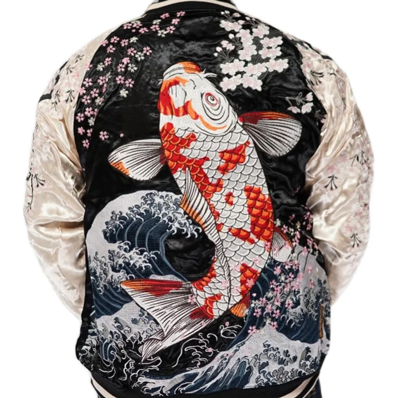 

Top Quality Baseball Jacket New Reversible Bomber Jacket for Men Luxury Carp Cherry Blossom Embroidery Satin Baseball Jacket