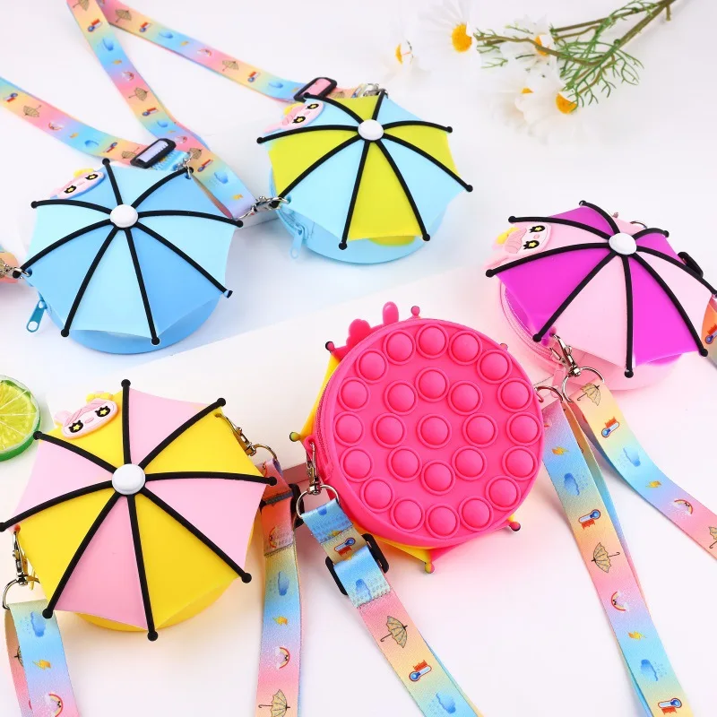 

2022 summer Umbrella pattern Fashion mini kids fidget Cute Silicone pop toy purse with strap for little girl, Picture