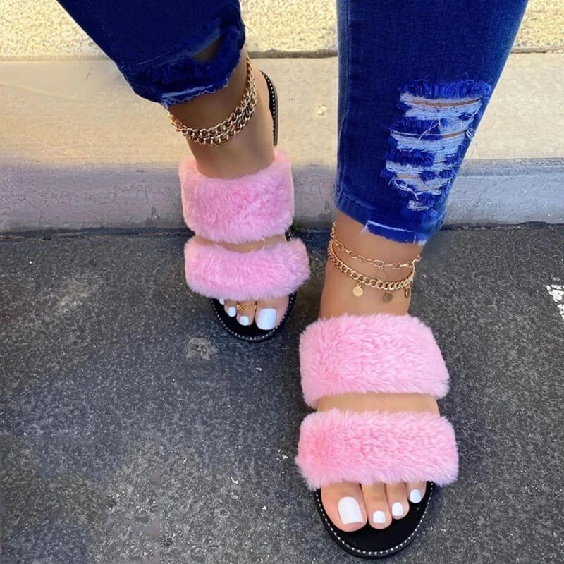 

China wholesale fur sandals with straps for women, fluffy 2 strap fur sandal, Black, leopard, pink
