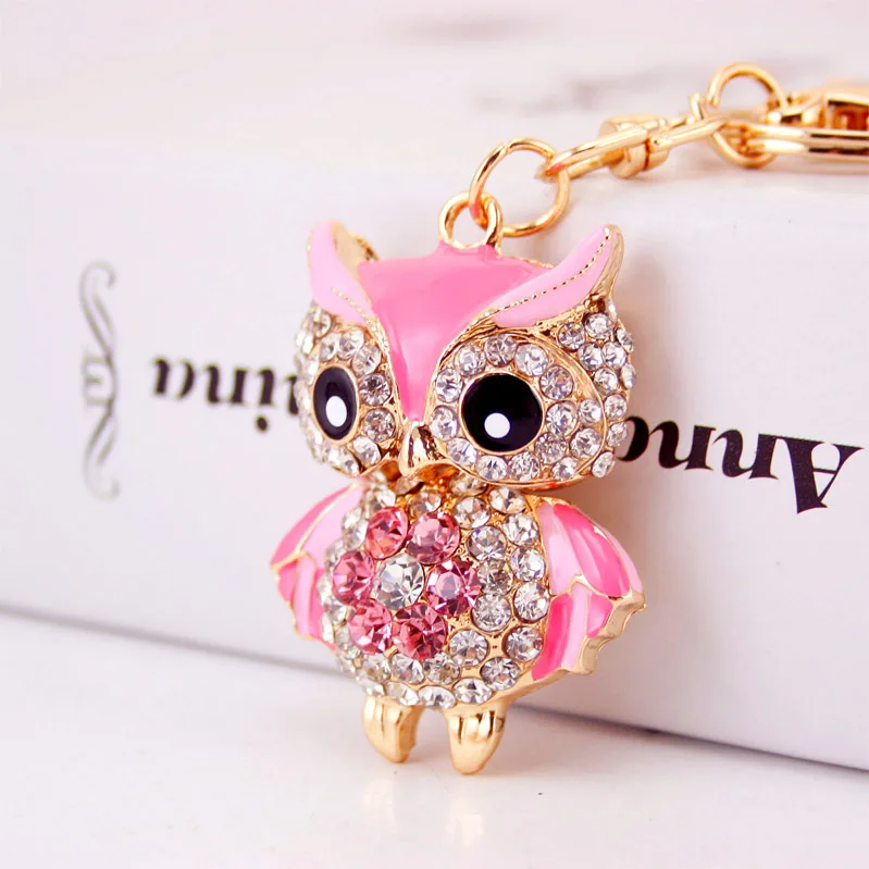 New Bling Pink Diamante Rhinestone Owl On Branch Keyring Bag