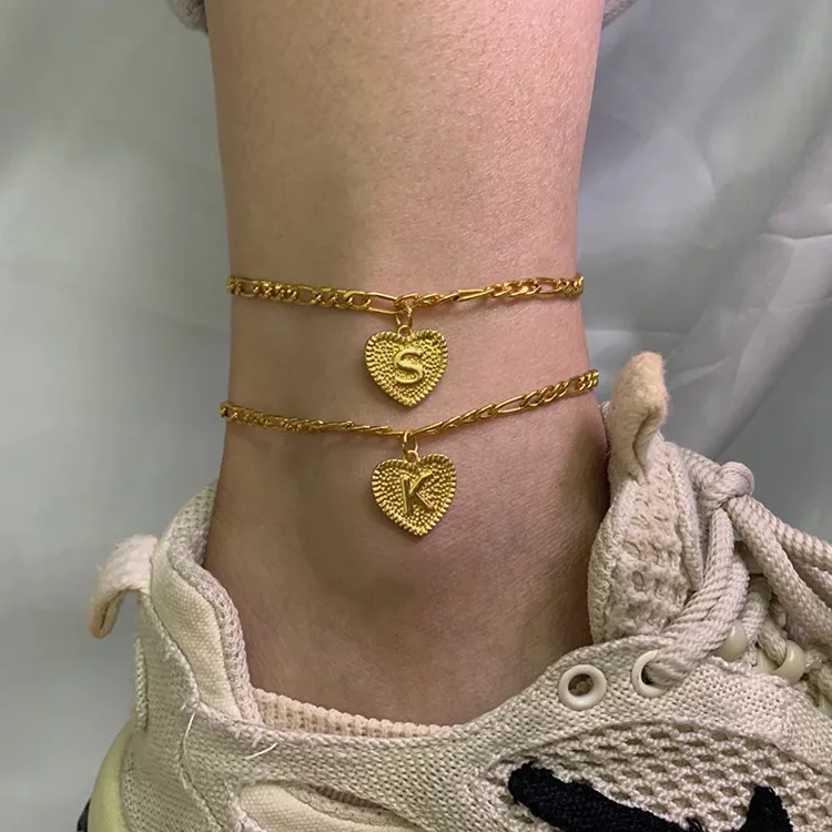 

14k Gold Plated Link Chain Love Heart Letter Pendants Anklets Chic Full 26 Letter Alphatbet Love Heart Anklet