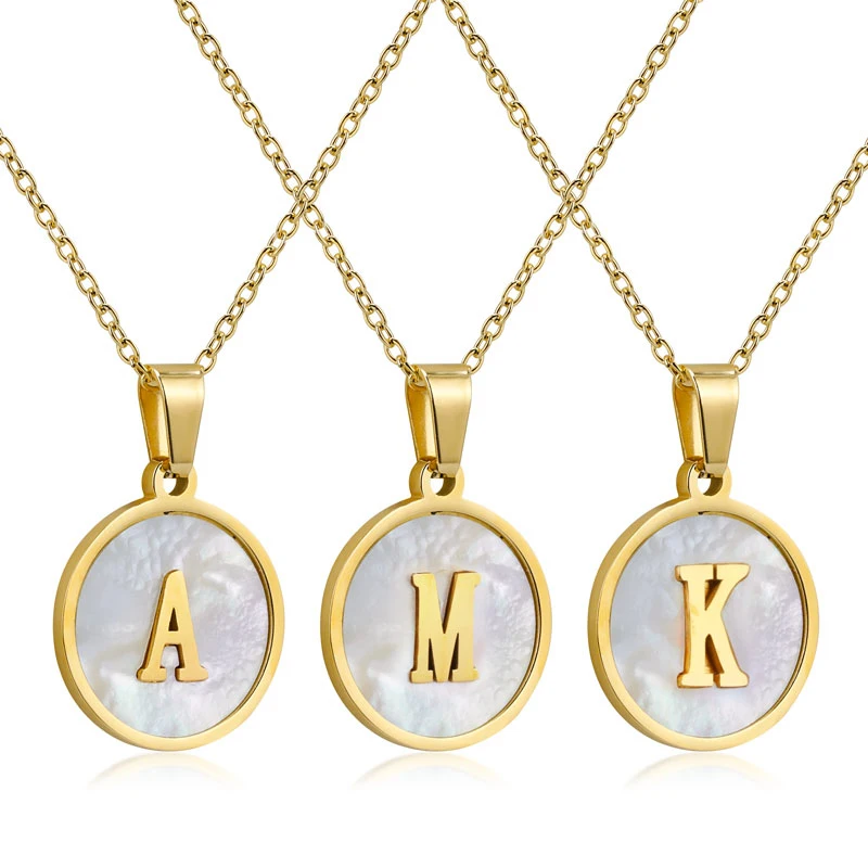 

New Fashion Stainless steel jewelry stock 26 Letter Pendant Golden Necklace with white mix shell necklace