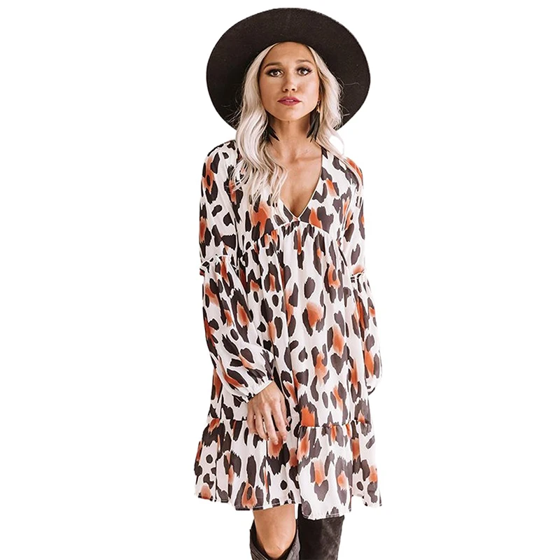

2021 Summer Elegant Dress Leopard Print Long Sleeve Ruffle Babydoll Dress