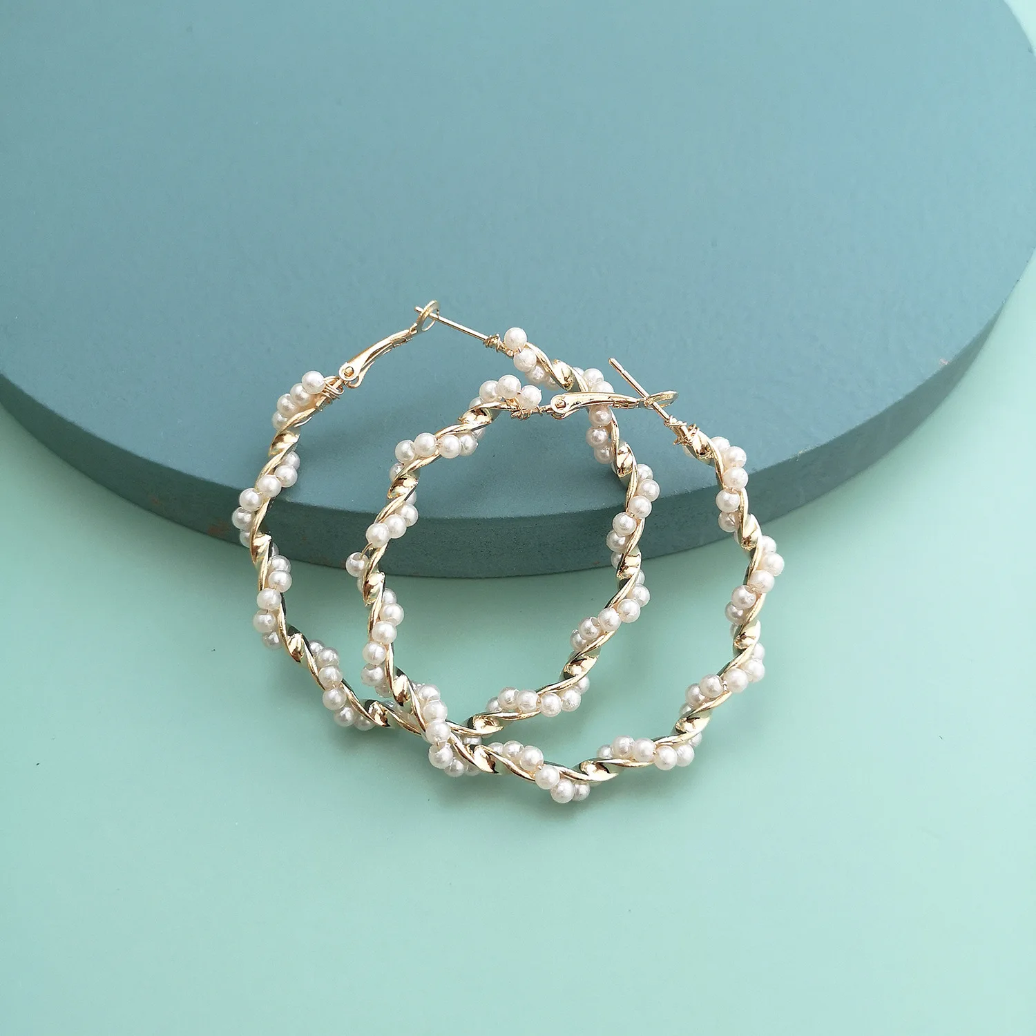 

5.5cm Fashion Jewelry Handmade Custom Korean Women Stainless Steel Diamond Rhinestone Pearl Large Hoop Earrings