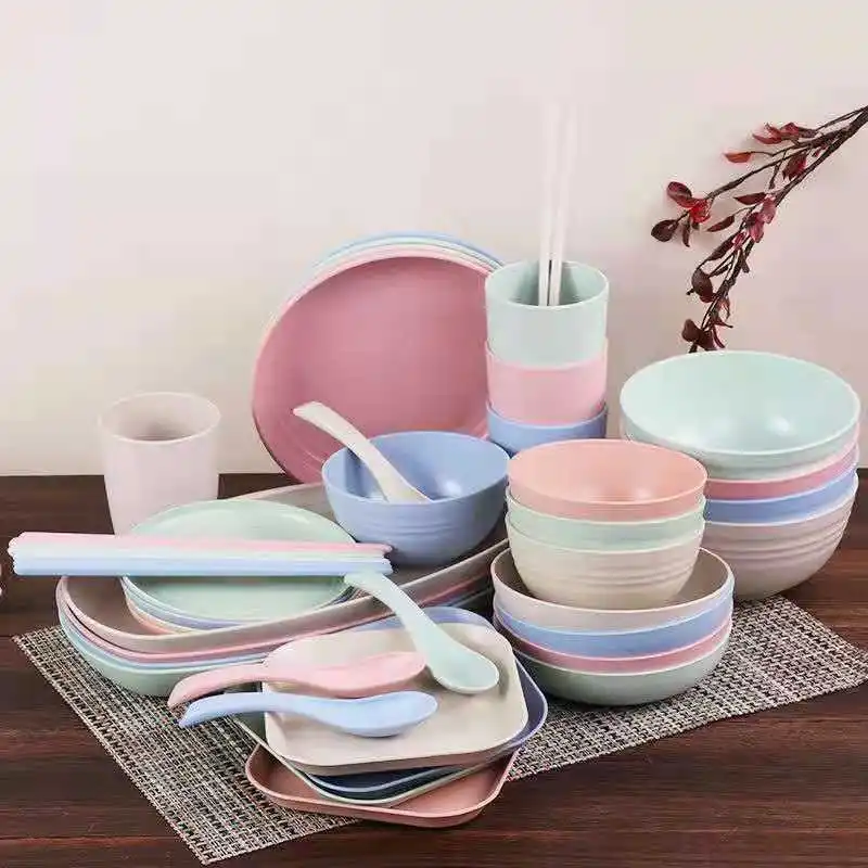 

Wholesale Eco Friendly Reusable Wheat Straw Bowls Plates And Coffee Cups Cutlery Set Tableware Wheat Straw Dinnerware Sets