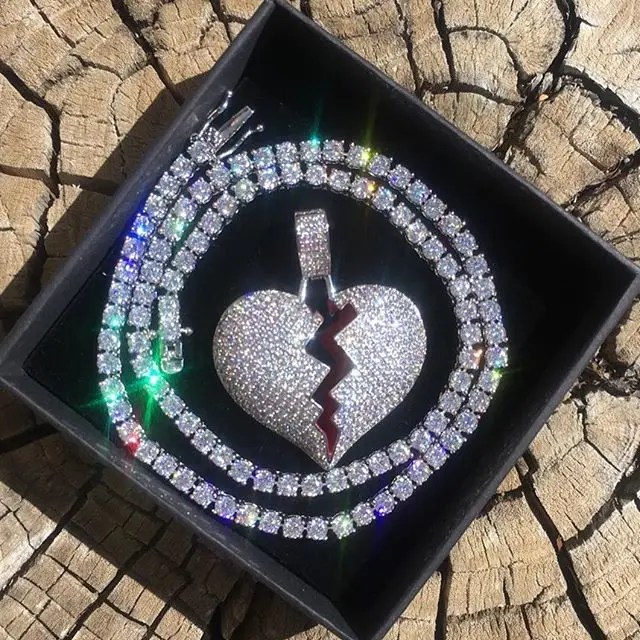 

2020 hotsale design hip hop jewelry sterling silver broken heart pendant necklace 18k gold plated broken heart pendant necklace