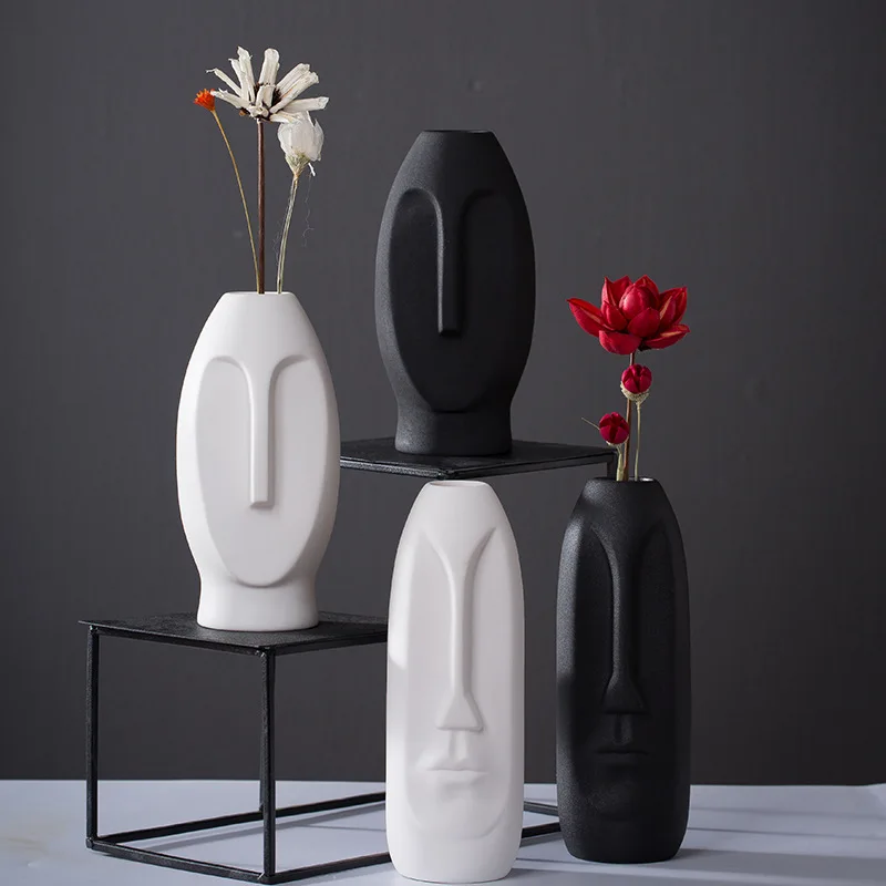 

nordic style modern black white head human face shape table living room ceramic porcelain flower vase for home decor, Accepted