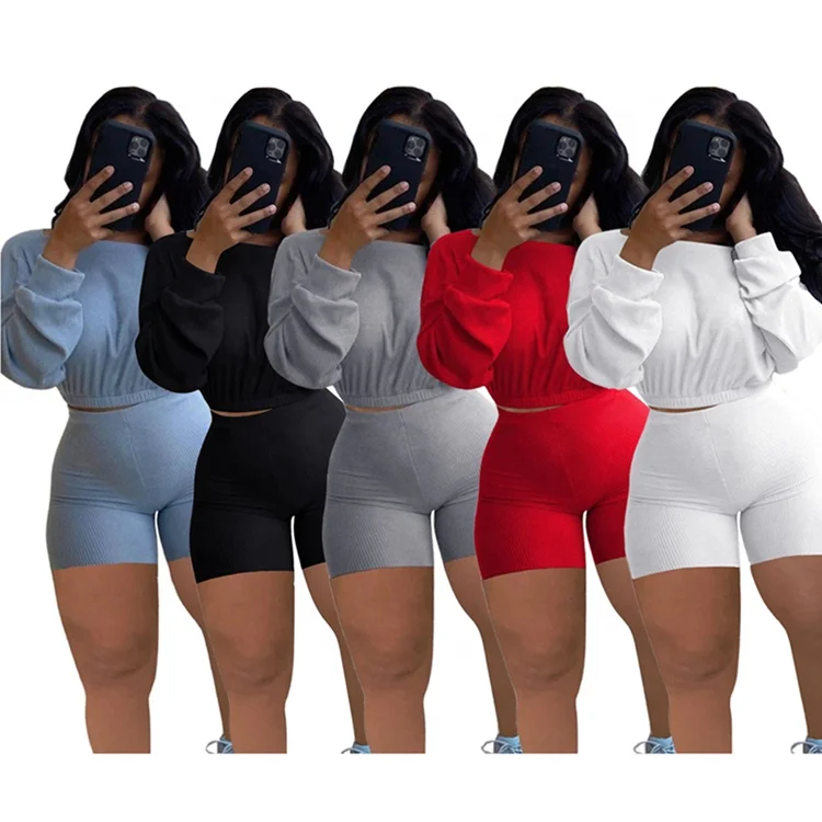 

Plus Size Two Piece Plain Rib Long Sleeve Top Bike Shorts Set Women