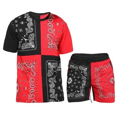 

2021 Summer Men Print Bandana 2 Piece Shorts Set Men Patchwork Short Sweatshirt And Pants Casual Set