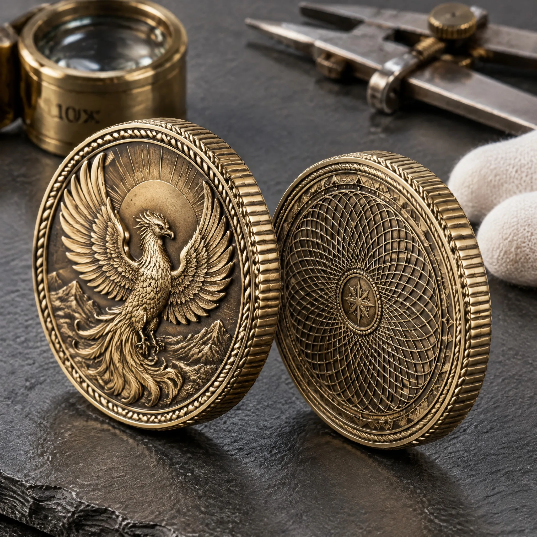 Antique Bronze Rising Phoenix Coin with Geometric Guilloché Pattern Reverse
