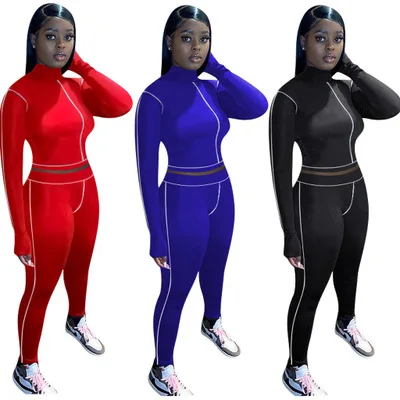 

Sexy Women Sexy Two Piece Soild Color Outfits Long Sleeve Crop Top and Long Pant Tracksuit, Customized color/as show