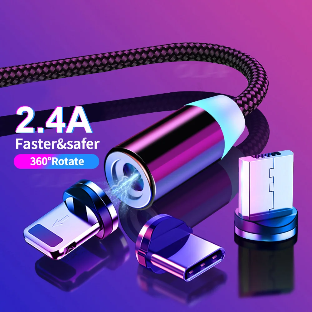 

3in1 360 Degree Rotatable Magnetic Charging Cable Micro Usb Type C Magnet usb Cable for phone fast charging cable Magnetico, Red/grey