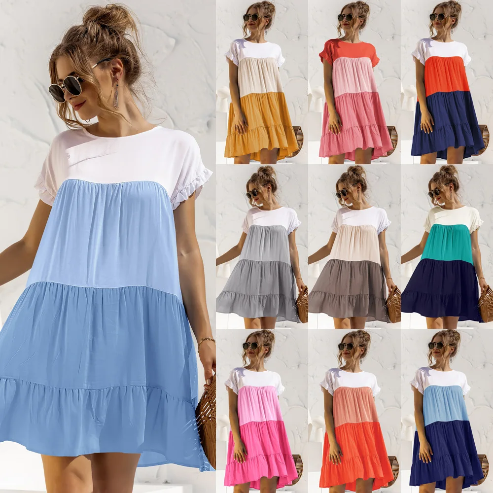 

2022 Custom Design Summer New Loose Polyester Short Sleeve Skirt Two Casual Dresses Solid Middle Round Neck Daily Skirt, As picture