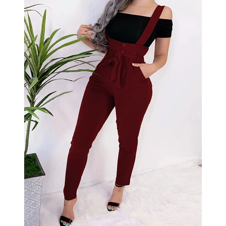 

Casual Lace Up Solid Slim Suspender Pants Womens Trousers, Customized color