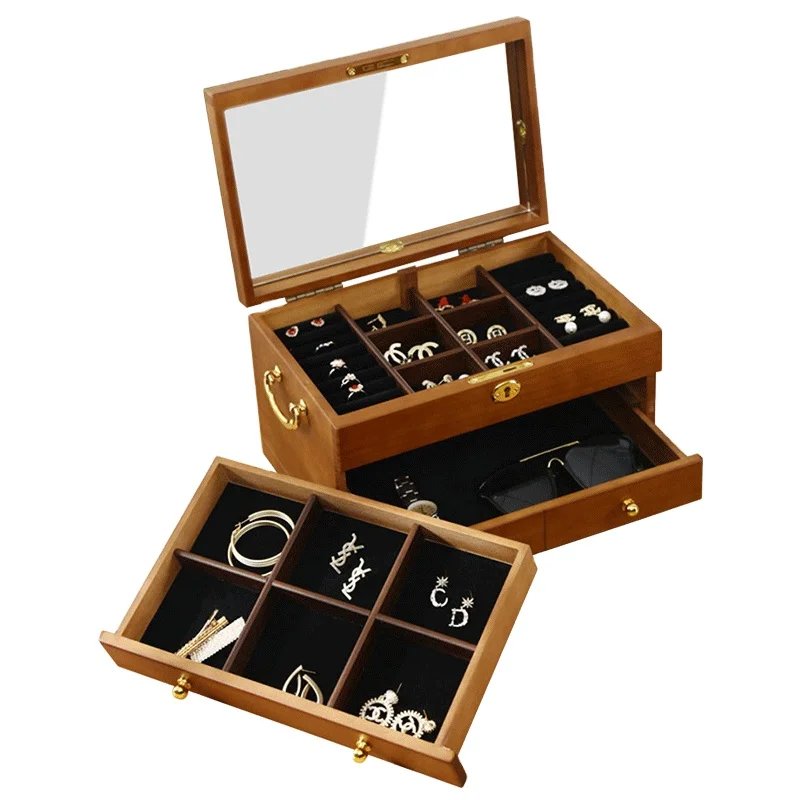 

Organizer jewelry storage rack dustproof cosmetic display boxes with drawers, Brown