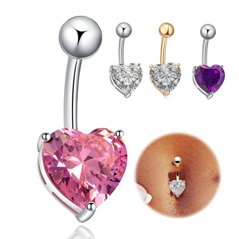 

Navel Button Body Piercing Jewelry Heart Shape Zirconia Belly Rings For Women, Purple/white/pink