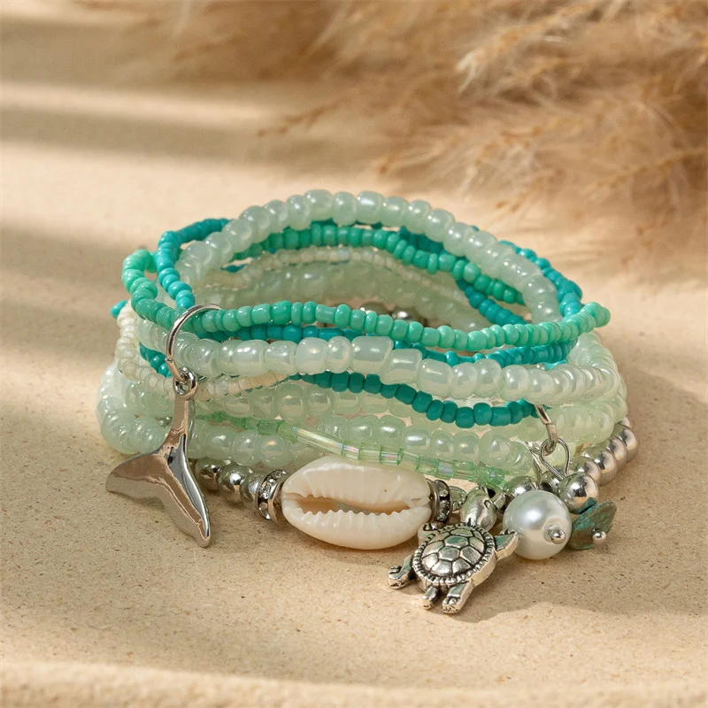 

Boho Multicolor 6pcs Set Elastic Rope Bracelet Crystal Bead Shell Turtle Charm Girls Bohemia Bracelet For Women