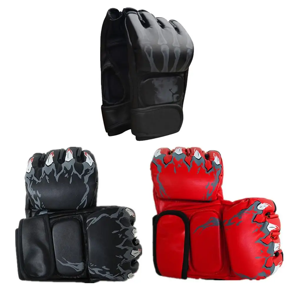 

Pair Printing Thickened Sports Leather MMA Fighting Kick Boxing Muay Thai Sanda Training Half Finger fights, Black, red