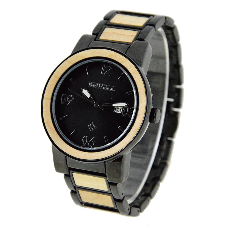 

Shenzhen Wristwatch Supplier Bewell Branding Mens Stainless Steel Watch Waterproof Japan 2115 Movement Quartz Watch, White, black, red, natural wood color