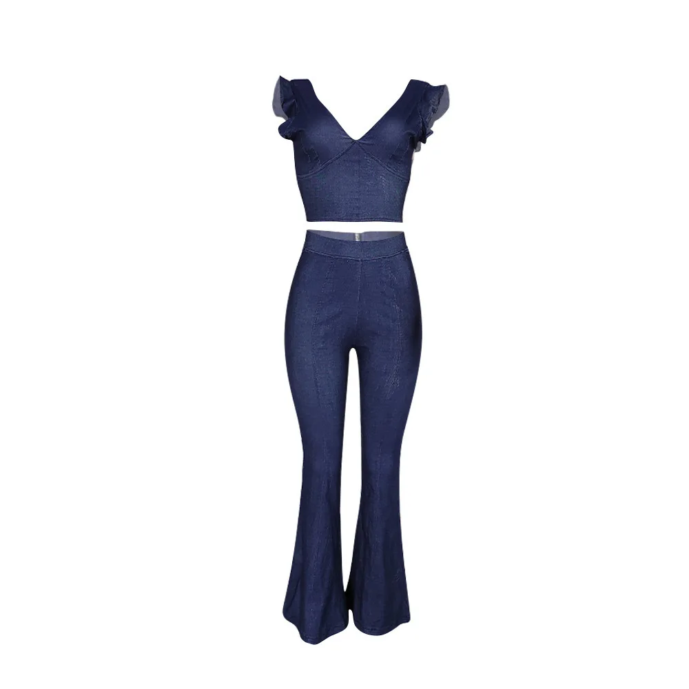 

Good Quality 2021 Summer Solid Casual Zippers 2 Pcs Women's Jeans Suit Outfits Two Piece Set Women Clothing For Women, Denim blue