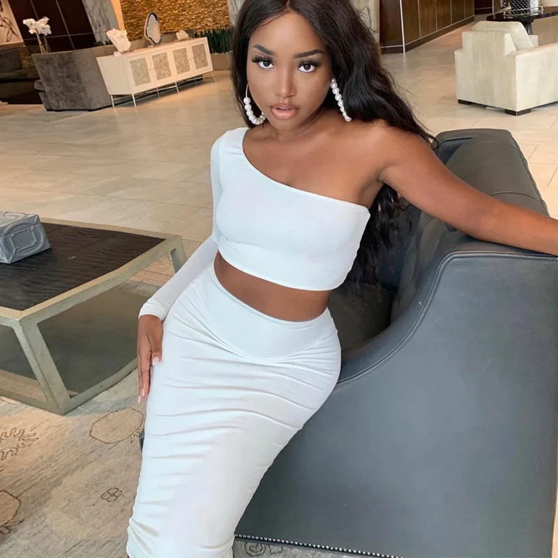 

H5016 - women sexy solid bandage skirt and one shoulder top two piece set