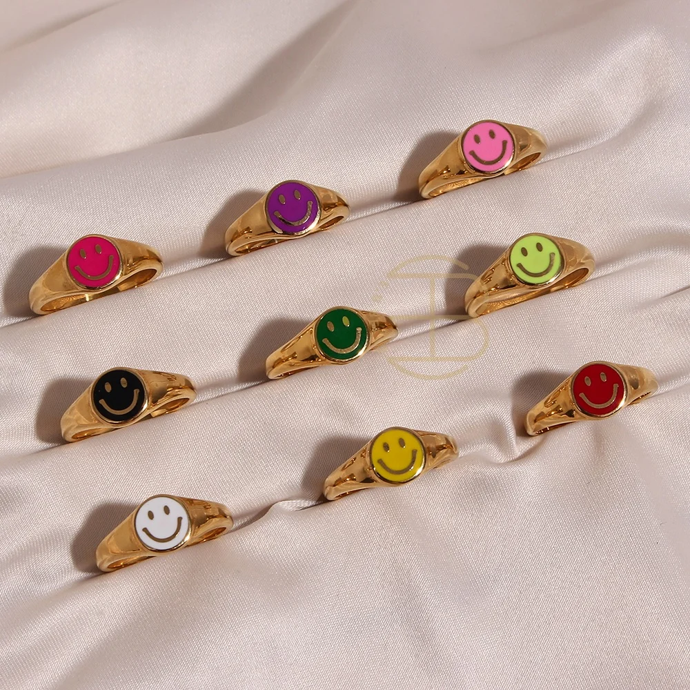 

Fashion Colorful Enamel Stainless Steel Tarnish Free Jewelry Smiley Happy Face Rings For Women Signet Gold Ring, Red, white, black, pink, green...