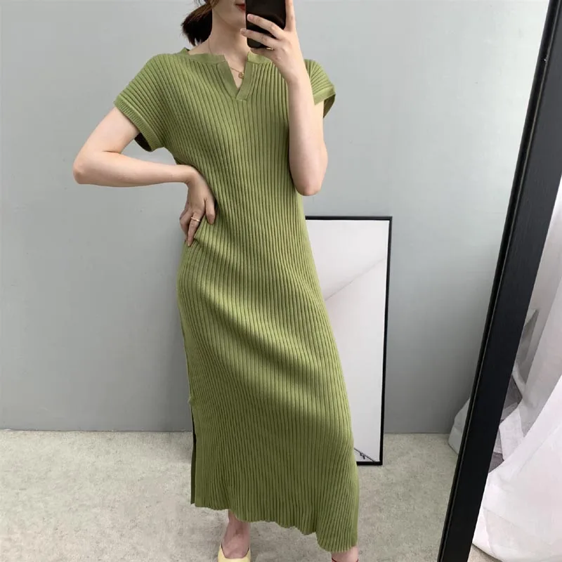 

A340 Short Sleeve Side Split Solid Color Long Sweater Dress Women Knitted Dresses Clothes