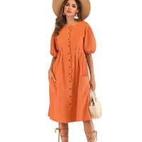 

Women's Fashion Linen Dress Summer Oversized Orange Casual Button Down Short Sleeve Cotton Midi Skater Dresses with Pockets