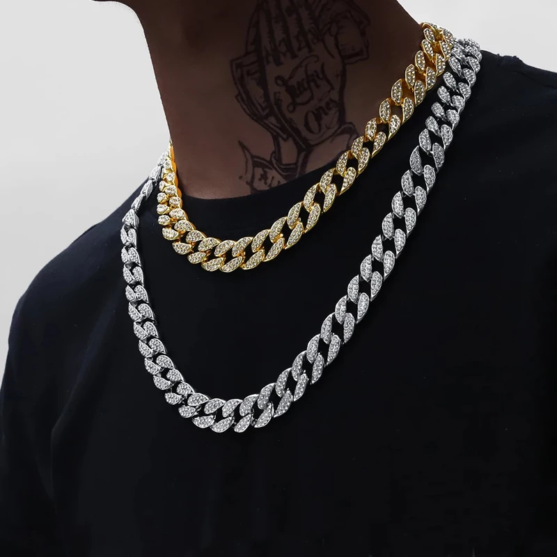 

Finetoo Punk Iced Out Miami 18K Cuban Link Chain Rhinestone Prong Hip Hop Necklace For Men Jewelry, Gold