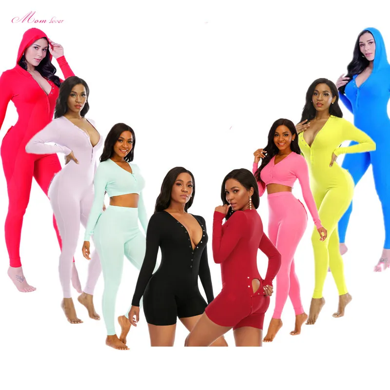 

2021 Stretchy Blank Solid Color Bodycon Jumpsuit Onesie Pajama Butt Flap Onesie For Women Plain Hoodie Onesie With Hood, Picture shows or custom